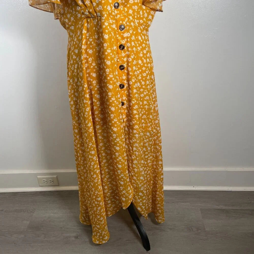 Lulus Midi Dress Women's XL Yellow Floral Print After Bloom Delight Button Front - Picture 5 of 15